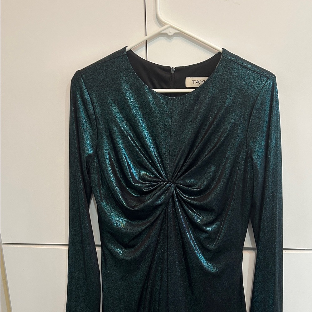Taylor Shimmering Teal Long Sleeve Dress